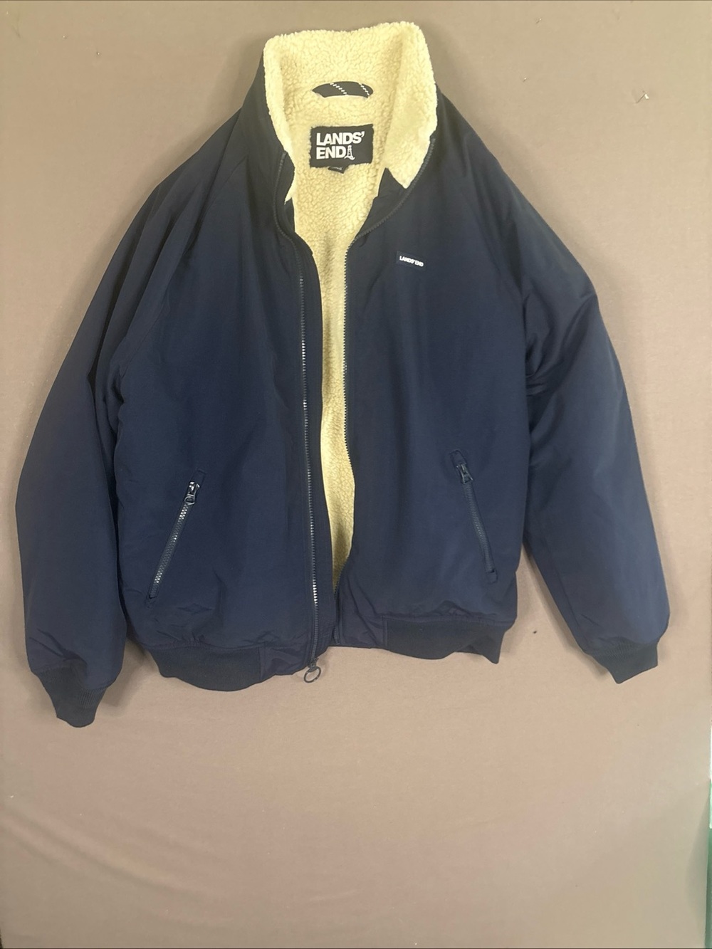 Lands’ End Men’s M Navy Sherpa Fleece Lined Full Zip Winter Jacket Stand Collar